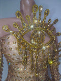 Sexy Sparkly Golden Rhinestones Eyes Stretch Bodysuit Women Eveing Birthday Party Nightclub Bar Singer Dancer DJ Stage Costume