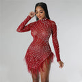 Sexy Pearls Rhinestone Party Dresses Women Elegant Nightclub Feather Birthday Dress Long Sleeve Mesh Sheer Bodycon Dress