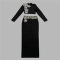 Women Long Sleeve Diamond Flowers 2 Pieces Bodycon Mini Bandage Dress Celebrate Nightclub Party Outfit Vestido