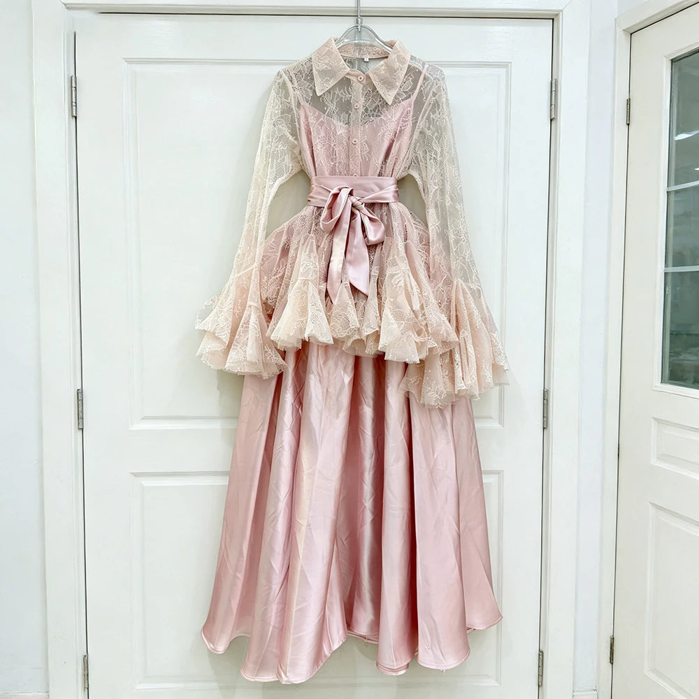 White Two Piece Set for Women Lapel Flare Sleeve Spliced Ruffles Lace Blouse High Waist Simpel Vest Dress Fairy Suit Female