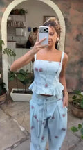 White Floral Print Two Piece Set Spaghetti Strap Ruffle Corset Top Strap Wide Leg Pants 2026 Summer Street Casual Women Outfit
