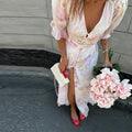Elegant Women's Printed Pleated Dress Slim Short Bubble Sleeve V-neck Split Dresses 2026 Spring Summer Lady Fashion Holiday Robe