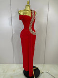 Women Elegant Shiny Diamond Sexy One Shoulder Long Bodycon Bandage Dresses Celebrity Evening Party Nightclub Wedding Guest Dress