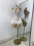 Women Sexy Halter Beading Feather Tight Bodysuit Nightclub Performance Leotard Luxury Party Celebrate Stage Wear