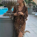 Sexy Chiffon Leopard Printing Dress for Women V Neck Long Sleeve Patchwork Lace Up Split Evening Club Maxi Dresses