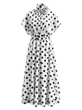 High Neck Midi Maxi Dress for Women 3D Floral Applique Cap Short Sleeve A Line Flowy Leopard Polka Dot for Casual Shopping