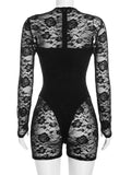Hollow Romper Women Sexy Wild Cross Jacquard Lace Patchwork Full Sleeve Stretch Fashion Street Party Club Playsuits
