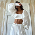 French Vintage White Ruffled Crop Top for Women Lace Trim Puff Sleeves Back Tie Design Blouse for Romantic Dates