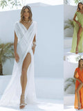 Beach Vacation Dress Women See Through Sleeveless V-Neck Sexy Solid Split Midnight Party Club Long Irregular Bodycon