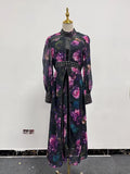 Elegant Floral Printing Long Dressess For Women Stand Collar Lantern High Waist Spliceed Rivet Hollow Out Dress Female New