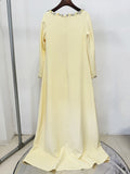 Loose Solid Crystal Bead Elegant Chic Dresses For Women Round Neck Long Sleeve Solid Long Maxi Dress Female