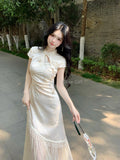 Chinese Traditional Dress Slim Tassel Splicing Jacquard Waist Cinched Cheongsam Qipao Summer Fairy Beautiful Women's Clothing