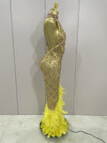 Luxury Sparkly Red Rhinestones Feather Sexy Mesh See Through Long Dress Women Birthday Evening Nightclub DJ Dancer Stage Costume