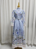 Blue Retro Romantic Floral Print Swing Dress for Women Stand Collar Flare Sleeve Waist Tie Design Mid Skirt for Travel Shoot