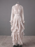 Solid Spliced Ruffles Folds Long Elegant Dresses for Women Lace Up Stand Neck Long Sleevs Tunic Temperament Dress Female