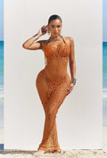 Women's Swimsuit Coverup Crochet Bikini Cover Ups Hollow Out Net Halter Sleeveless Swimwear for Beach 3 Pieces Long Dress