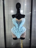 Skyblue Women Sexy Strapless Mesh Ruffle Shining Crystal Bodycon Mini Dress Celebrate Nightclub Party Bar Singer Show Stage Wea