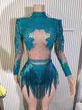 Sexy Skinny Leotard Singer Dancer Show StageWear Sparkly Blue Rhinestones Women DanceCostume Fringes One Shoulder Bodysuit  7G
