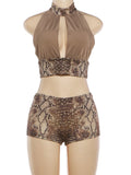 Snake Pattern Print 2 Piece Set Woman Halter Backless Crop Tops+Skinny Peach Hip Shorts Hot Girls Sexy Fashion Suits
