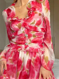 Printing Temperament Mesh Dress for Women Square Collar Long Sleeve Spliced Ruffles Edge Mini Dresses Female Style