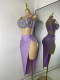 Sparkly Rhinestone Diamonds High Split Two Pieces Women Sexy Outfit Night Club Skirt Suits Dancer Singer Performance Costume