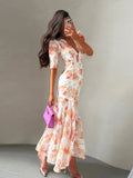 Elegant Women's Printed Pleated Dress Slim Short Bubble Sleeve V-neck Split Dresses 2026 Spring Summer Lady Fashion Holiday Robe