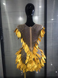 White Golden Women Sexy Mesh See Through Rhinestones Bodycon Mini Dress 3D Leaves Celebrate Nightclub Performance Costumes