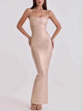 2026 Women Sexy New Sleeveless low-cut Striped Gold Long Dress Party Costume Bar Nightclub Stage Performance Clothing