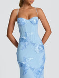 Hot Girl Blue Maxi Dresses for Women Square Collar Sleeveless Patchwork Embroidery Party Fishtail Dress Female New