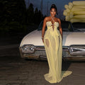 Sexy Yellow Chiffon Halter Maxi Dress Lady Chic Hollow Out Backless Lace Up Sleeveless See Through Robe Female Spring Party Wear