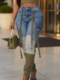 Women High Waist Skinny Jeans Patchwork Spliced Ribbon Decor Cargo Pocket Slim Fashion Denim Pants Autumn