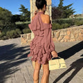 Off The Shoulder Short Dress Female Stand Collar Long Sleeve Ruched Waist Ruffles Dresses for Elegant Retro Date