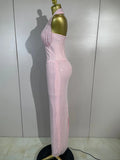 Elegant Evening Party Prom Gown Birthday Dress Women Shining Rhinestones Sexy White/Pink Mesh Halter Bodycon Long Bandage Dress