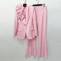 Women's Suits Solid Fashion 3D Flowers Single Breasted Blazer 2 Piece Jacket Pants Outfits Female Formal Pantsuit Set