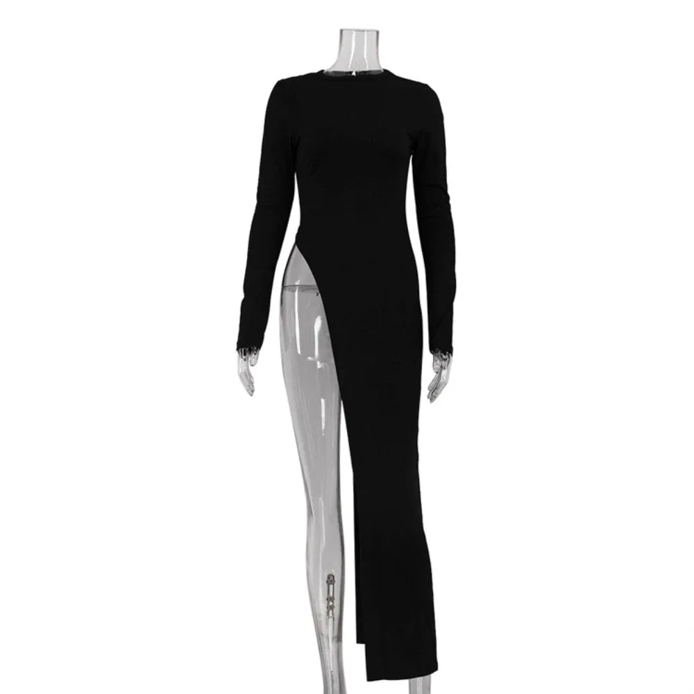 Solid Slimming Split Sexy Dresses for Women Round Neck Long Sleeves Irregular Temperament Dress Female Clothing New