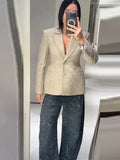 Women's Beige Tweed Blazer Jackets Fashion Lapel Long Sleeve Single Breasted Slim Coats Lady 2026 Spring Chic Office Outerwear