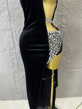 Luxury Glamorous Black Asymmetrical Velvet Rhinestone Dress Dinner Cocktail Event Party Stage Performance Dress