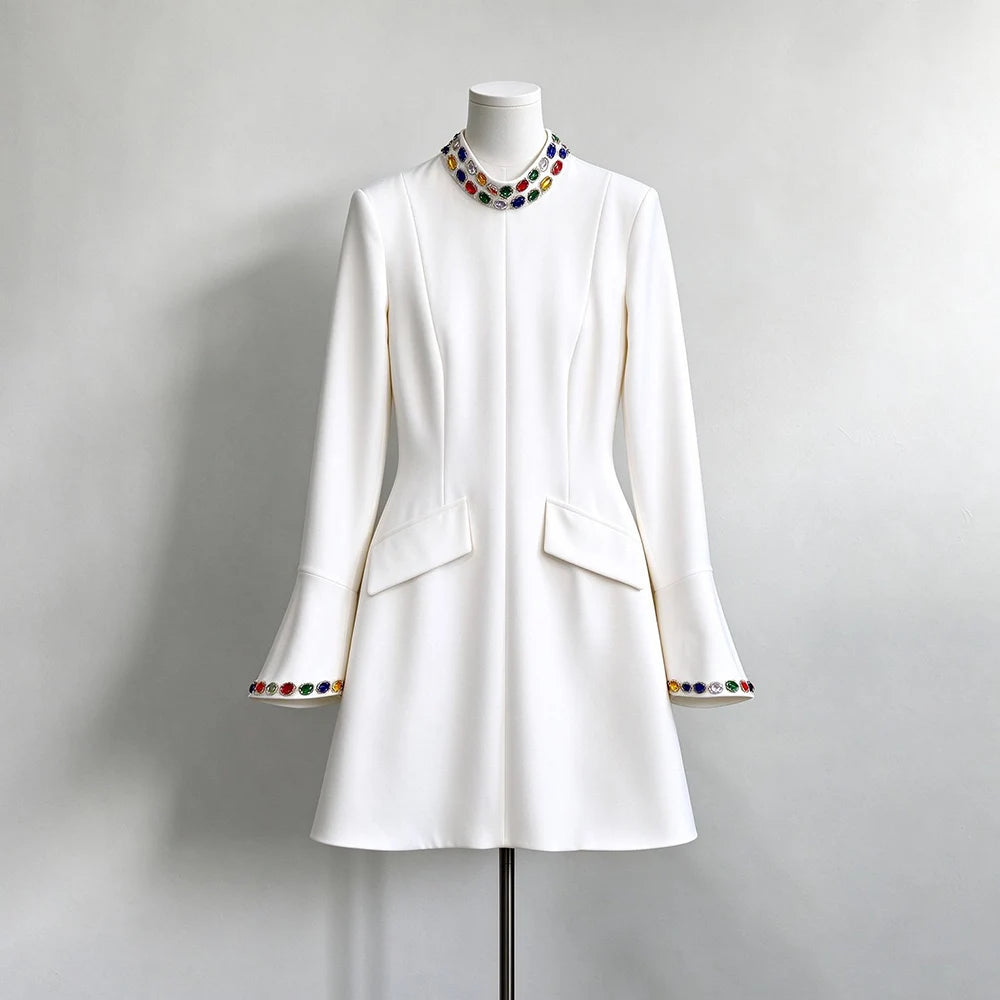 Black Luxury Crystal Slim Fit Mini Dresses For Women Stand Neck Long Sleeved Tunic Dress Female New