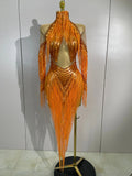 Women Sparkly Diamond Orange Tassel Latin Dance Outfits Long Sleeves Mesh Transparent Dress Bar Nightclub Party Club Stage Wear