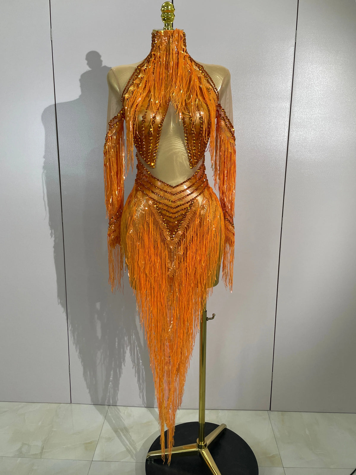Women Sparkly Diamond Orange Tassel Latin Dance Outfits Long Sleeves Mesh Transparent Dress Bar Nightclub Party Club Stage Wear