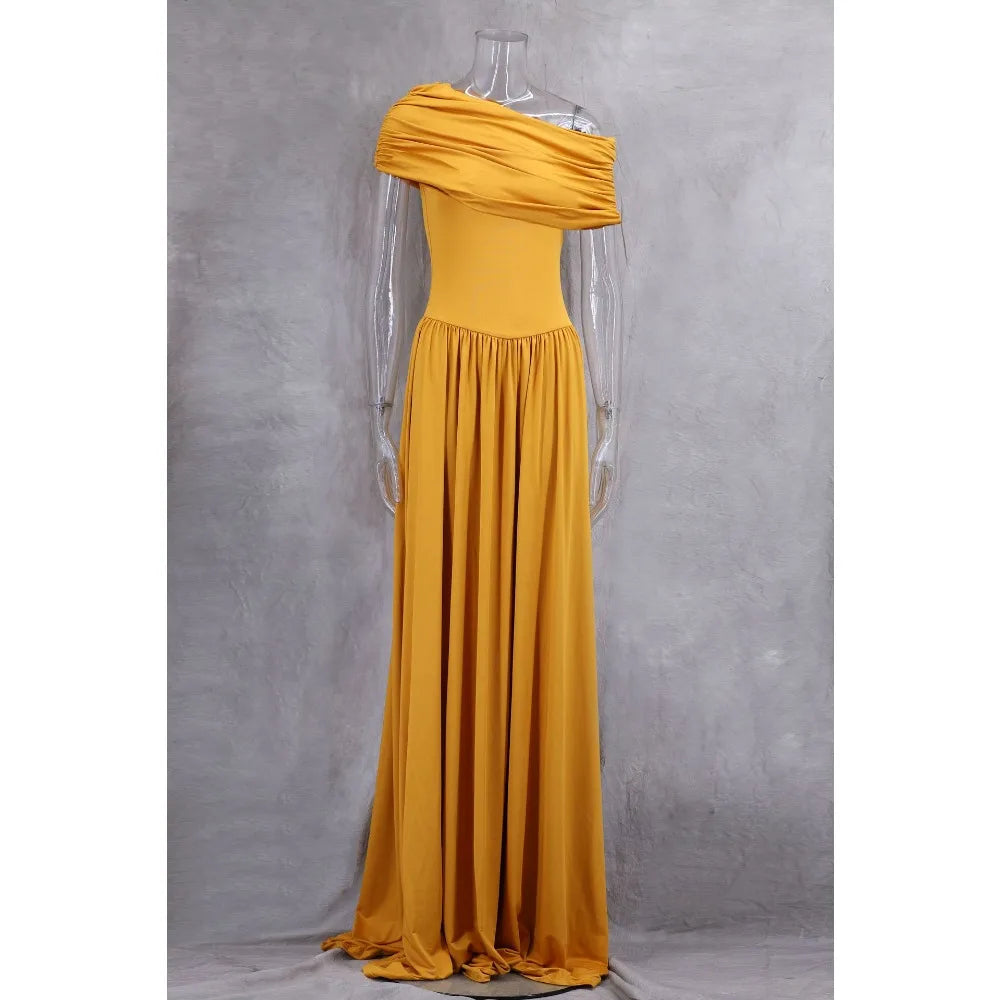 Solid Spliced Folds Dresses for Women Slash Neck Shoulder Cuff High Waist Temperament Dress Female Fashion