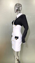 Women's Gold Button Black White Color Matching Dress Fashion Personality Bandage Evening Gown Performance Costume Abiti Da Festa