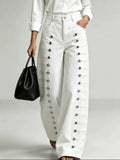 Women Denim Jeans High Waist Metal Button Decor Wide Leg Floor Length Streetwear Casual Trousers Autumn