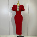 Shiny Bow Sexy Cut Out Short Sleeve Red Bodycon Bandage Long Dress Women Evening Party Celebrate Birthday Knitted Club Prom Gown