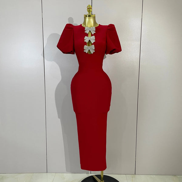 Shiny Bow Sexy Cut Out Short Sleeve Red Bodycon Bandage Long Dress Women Evening Party Celebrate Birthday Knitted Club Prom Gown