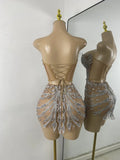Luxury Women Sexy Sparkly Crystal Sequins Mesh See Through Openback Outfit Birthday Dress Dancer Performance Stage Costume