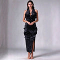 Elegant 3D Flower Applique Halter Maxi Dress Sexy Off Shoulder Backless Ruffled Bodycon Bandage Celebrity Evening Party Gowns