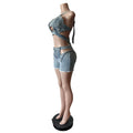 Fashion Denim Cutout Women's Set Wrap Strap Crop Top and Shorts Jeans  Summer Two 2 Piece Sets Outfits Tracksuit
