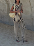 Striped Loose Two Piece Set for Women O Neck Sleeveless Top High Waist Wide Leg Pants Casual Sets Female Sumemr New
