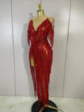 Sexy Sparkly Red Diamonds Tassel Mesh See Through Long Dress Women Eveing Birthday Party Nightclub Singer Stage PhotoShoot Wear